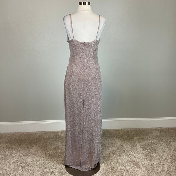 Betsy & Adam Metallic Knit Evening Gown Taupe Purple Size 6 Thigh Slit Formal - Picture 6 of 12